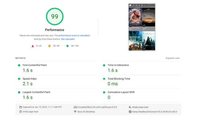 99/100 Lighthouse score for this Svelte application. FCP is 1.6s, LCP 1.6s, TTI 1.6s, TBT 0ms.