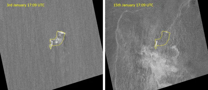 Before (left) and after (right) radar amplitude of #HungaTongaHungaHaapai. Yellow line highlights the approximate shoreline on 3rd January.