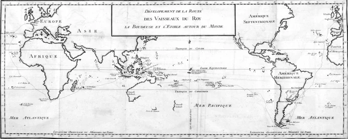A map of the voyage's course across the globe.  The center of the map is roughly on the 180th longitude. 