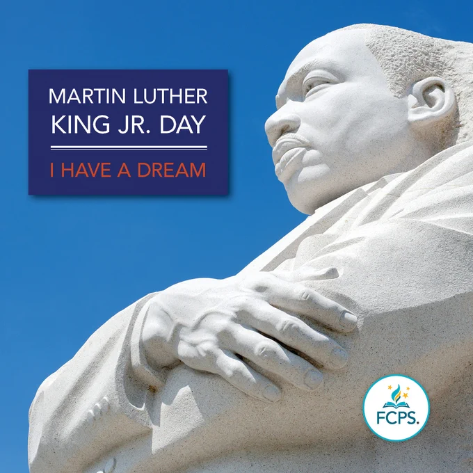 "Martin Luther King Jr. Day - I Have a Dream" over background of MLK memorial statue in Washington, DC