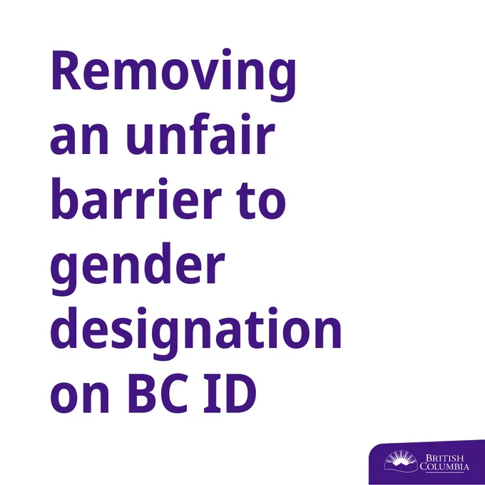 Purple text on a white background.
Text reads: Removing an unfair barrier to gender designation on BC ID