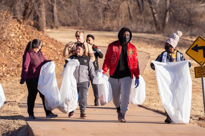Students picked up trash along the Wichita Falls trail. 