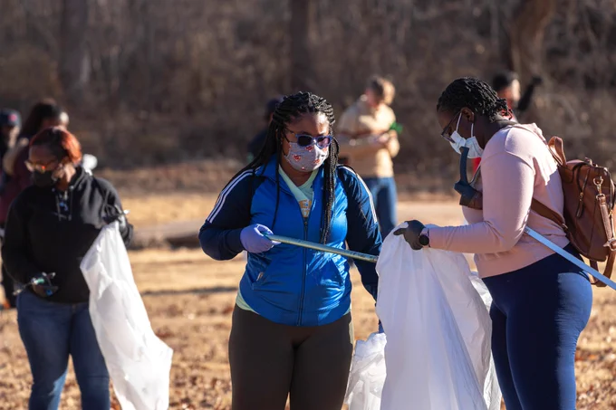 Students picked up trash along the Wichita Falls trail. 