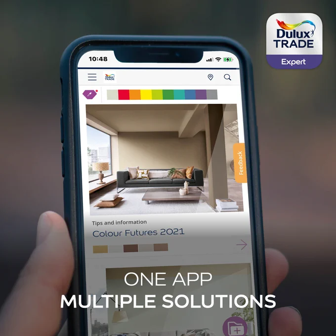 One App, Multiple solutions. 

Image of the Dulux Trade Expert app on a phone