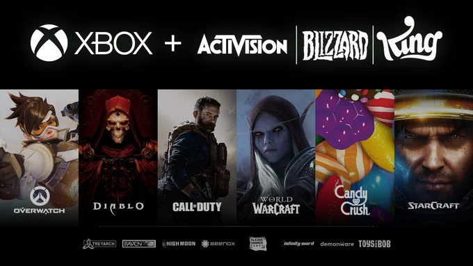 Text of the top of the image Reads “ Xbox   Activision/Blizzard/KING” with cover art from Overwatch, Diablo, Call of Duty, World of Warcraft, Candy Crush, and Starcraft places below. At the very bottom of the image, the logos from the studios Treyarch, Raven, High Moon, Beenox, Sledge Hamer Games, Infinity Ward, Demonware, and Toys for Bob.