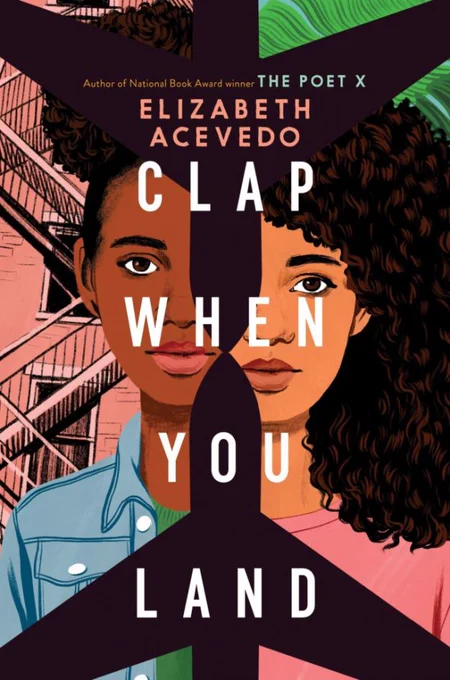Clap When You Land book cover featuring an illustration of the faces of two women and the silhouettes of airplanes; there is a fire escape in the background
