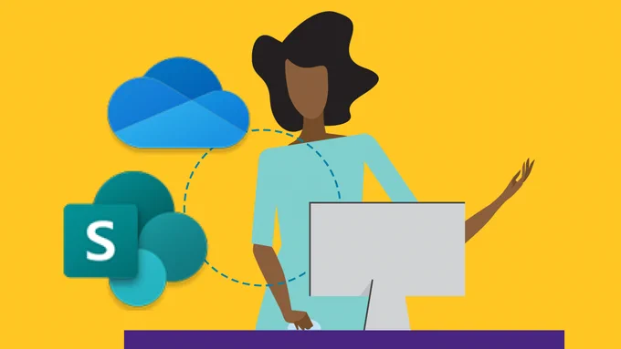 woman looking at desktop computer with SharePoint and OneDrive icons prominently seen