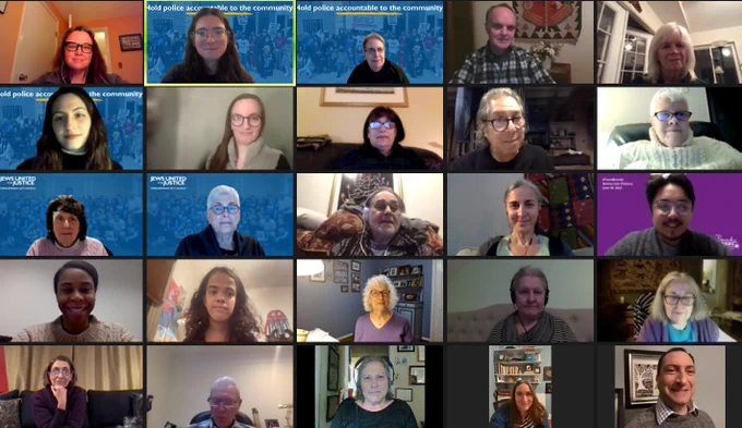 Members of police accountability coalition on Zoom screens. 
