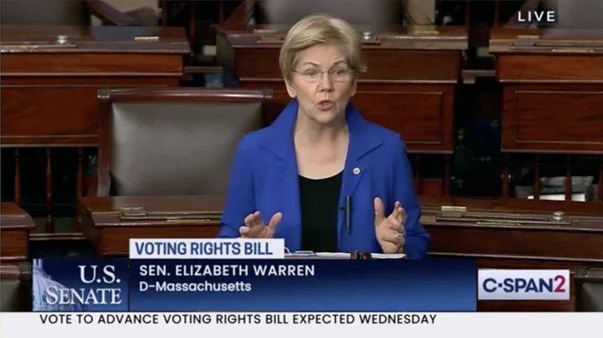 A screenshot of Senator Elizabeth Warren speaking on the Senate floor about voting rights.