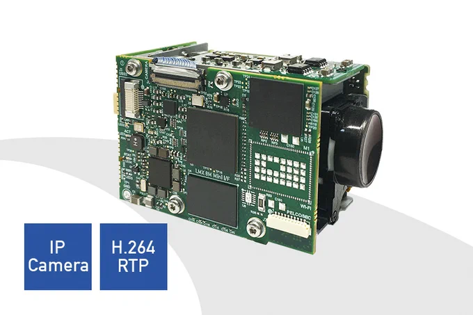 Harrier IP camera interface board mounted on a Tamron MP1010M autofocus-zoom camera