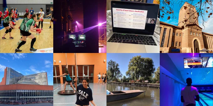 A collage of 8 photographs by student ambassadors at St Catharine's Cambridge featuring: a netball game; backstage at a show; a webinar on heart failure classification; the university library; the Seeley library; a student trying out polefit; a punt on the river; and a student at a bowling alley.