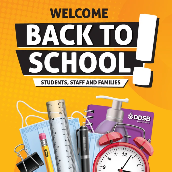 Welcome back to school students, staff, and families! School supplies, hand sanitizer and an alarm clock are shown.
