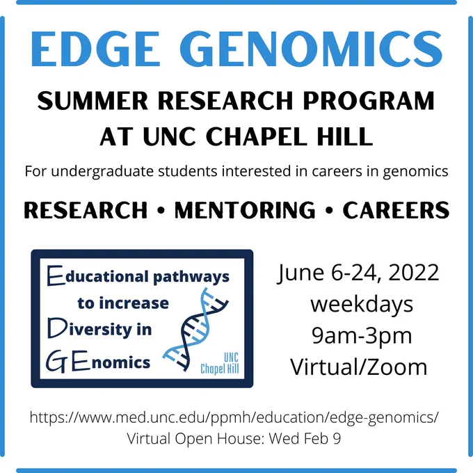 image dedicated to the EDGE Genomics Summer Research Program at UNC Chapel Hill. EDGE stands for Educational pathways to increase Diversity in Genomics. Program is for undergraduate students interested in careers in genomics. There will be research, mentoring, and career development. Runs from June 6th-24th, 2022 on weekdays from 9am-3pm virtually on Zoom. The website link is https://unc.live/3AdXfSi. There is a virtual open house on Wed Feb 9th for those interested in learning more. 