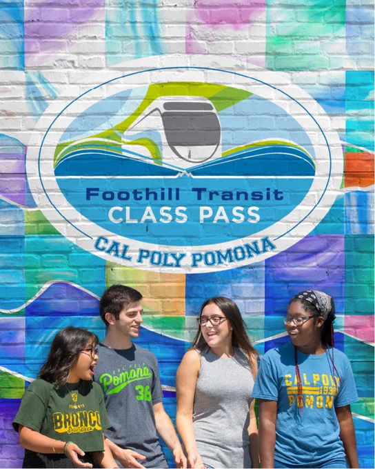 Four students posing in front of Foothill Transit Class Pass mural