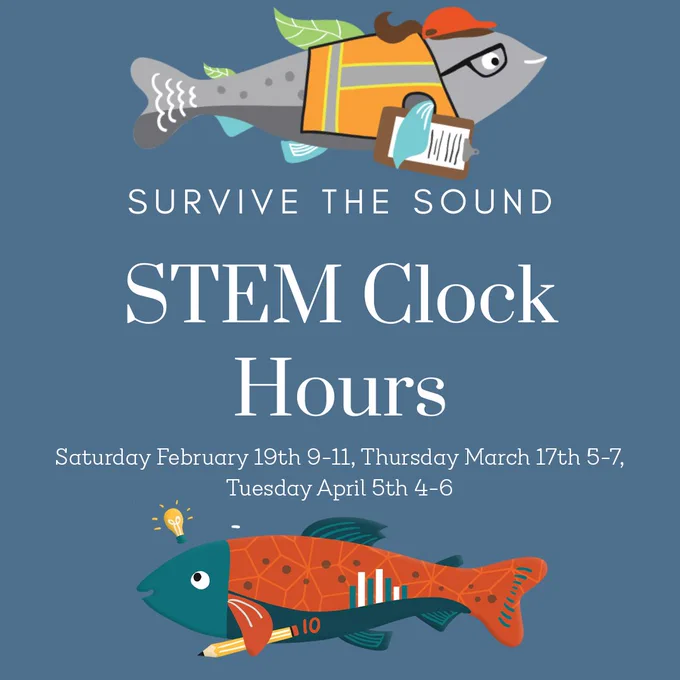 Graphic of two cartoon fish on a blue background. Text reads: "Survive the Sound: STEM Clock Hours, Saturday February 19 9-11, Thursday March 17th 5-7, Tuesday April 5 4-6"