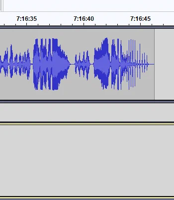 A screenshot of an Audacity waveform showing that the length of our S1E8 episode recap's raw footage is 7 hours, 16 minutes and 46 seconds