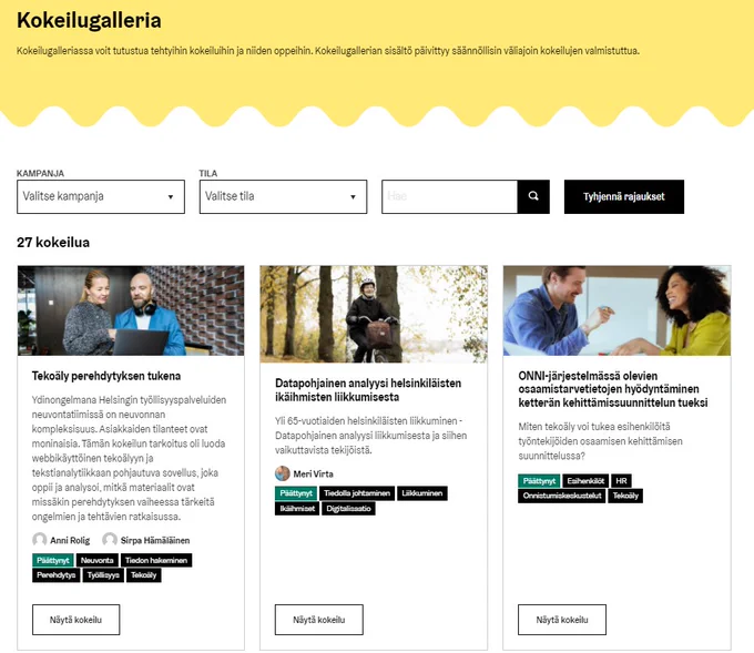 Kokeilukiihdyttämön Kokeilugalleria https://kokeilukiihdyttamo.hel.fi/results