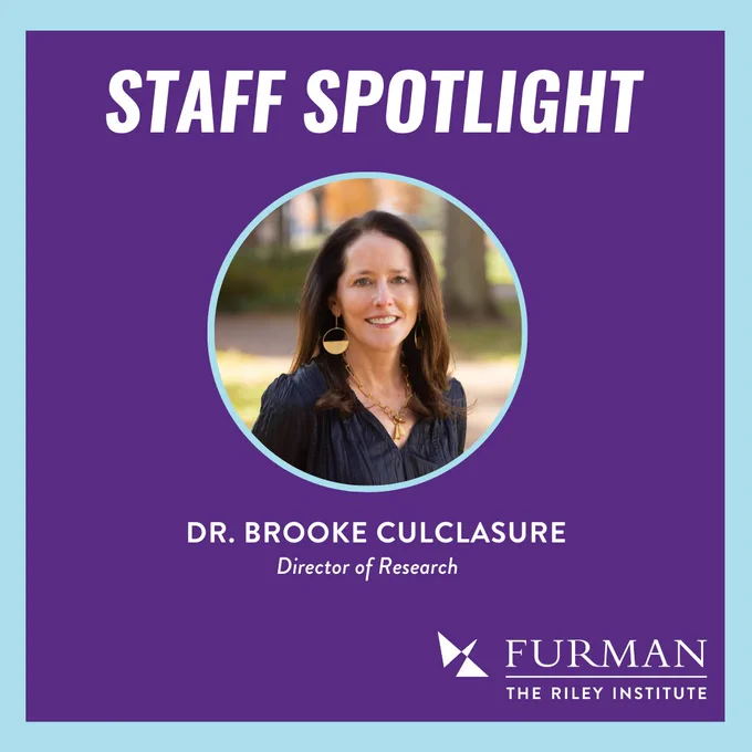 Purple graphic with a blue border. It reads "Staff Spotlight" at the top and has a headshot of Dr. Brooke Culclasure, who is standing outside on Furman's campus. 