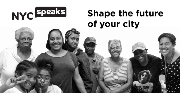 A graphic showing a large group of people. Text reads NYC Speaks, shape the future or your city.