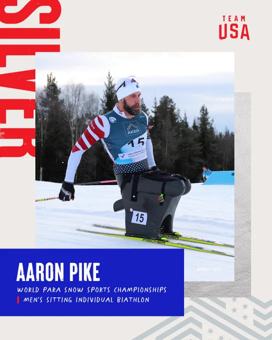 Silver medal graphic with photo of Aaron Pike that reads: Aaron Pike, World Para Snow Sports Championships, Men's Sitting Individual Biathlon