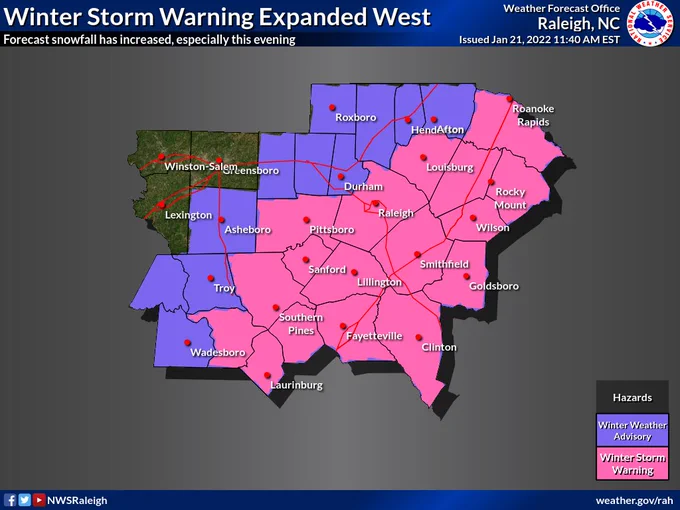 The Winter Storm Warning has been expanded west. While the warning previously was along the I-95 corridor, about a dozen counties have been added, primarily west to the US-1 corridor.
