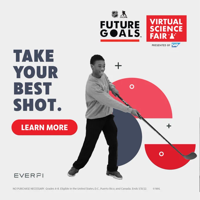 Image contains text: take your best shot! Learn more. Image features: young kid, smiling while swinging a hockey stick. 