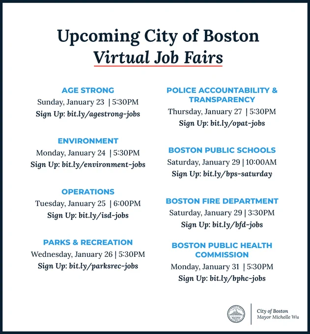 Upcoming City of Boston
Virtual Job Fairs

Age Strong
Sunday, January 23  | 5:30PM
Sign Up: bit.ly/agestrong-jobs

Environment
Monday, January 24  | 5:30PM
Sign Up: bit.ly/environment-jobs

Operations
Tuesday, January 25  | 6:00PM
Sign Up: bit.ly/isd-jobs

Parks & Recreation
Wednesday, January 26 | 5:30PM
Sign Up: bit.ly/parksrec-jobs

Police Accountability & Transparency
Thursday, January 27  | 5:30PM
Sign Up: bit.ly/opat-jobs

Boston Public Schools
Saturday, January 29 | 10:00AM
Sign Up: bit.ly/bps-saturday

Boston Fire Department
Saturday, January 29 | 3:30PM
Sign Up: bit.ly/bfd-jobs

Boston Public Health Commission
Monday, January 31  | 5:30PM
Sign Up: bit.ly/bphc-jobs