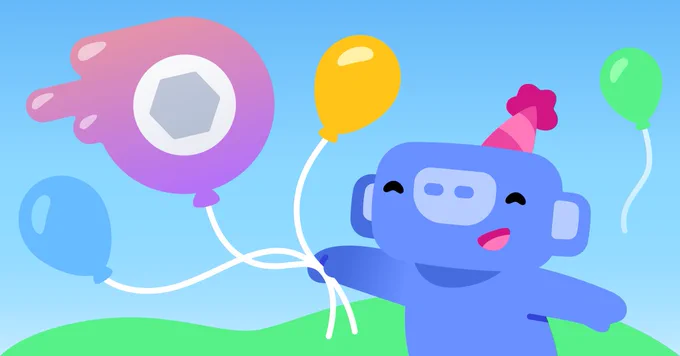 wumpus wearing a party hat - holding balloons celebrating the 5 year anniversary of discord nitro 
