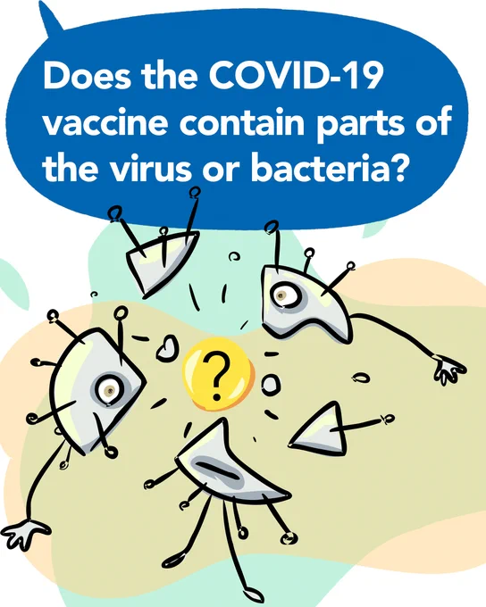 Illustration of a broken up ball with tiny spikes representing COVID-19. Blue speech bubble above illustration that says "Does COVID019 vaccine contain parts of the virus or bacteria?".