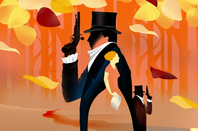 Against an orange backdrop of leaves and tree trunks, the silhouettes of three people stand: two men, each carrying a pistol, and a woman with a letter.

Illustration by Brian Stauffer