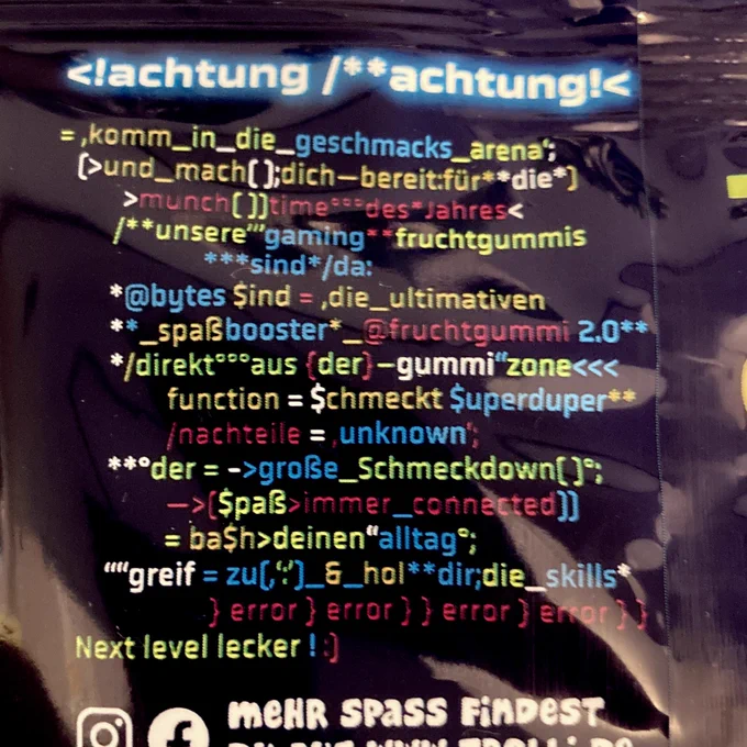 An image of the programming language created for the Trolli ‘Bytes’ packaging. The theme being strongly - next level tasty!