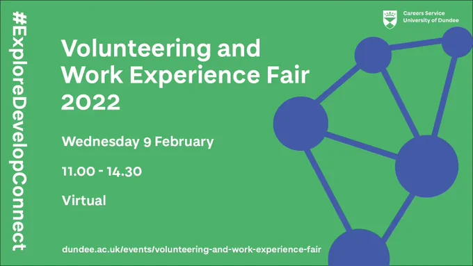Image reads: Volunteering and Work Experience Fair 2022. Wednesday 9th February, 11am to 2:30pm, Virtual.