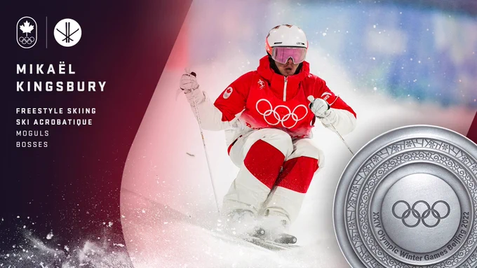 A graphic asset featuring a skier and a silver medal. It reads Mikael Kingsbury, freestyle skiing, ski acrobatique, moguls, bosses.