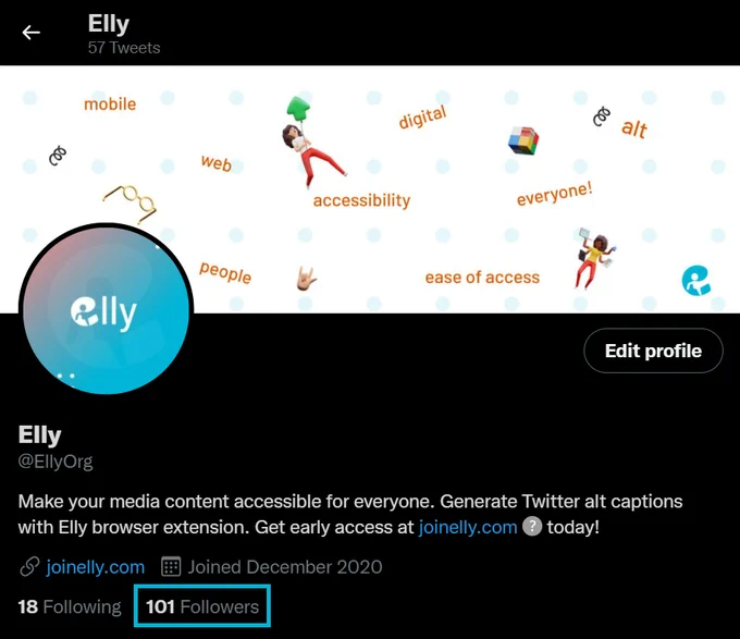 Elly Twitter Homepage with the text "101 Followers" boxed up