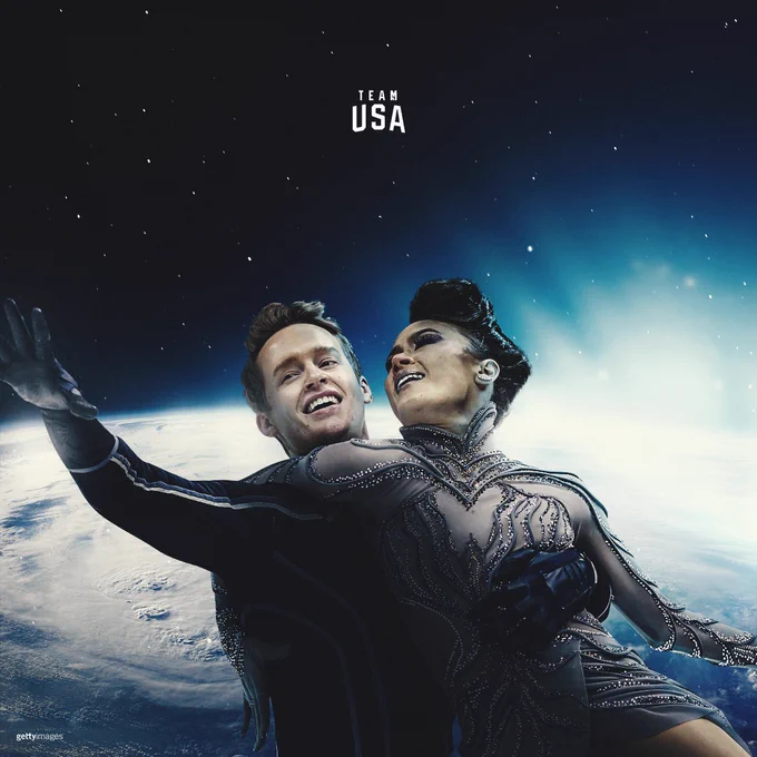 Graphic that pictures Madison Chock and Evan Bates in space. 