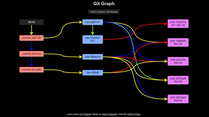 The img has a Git Graph, which is visualizing the Directed Acyclic Graph Graph that Git creates to connect Commit, Tree and Blob objects internally.