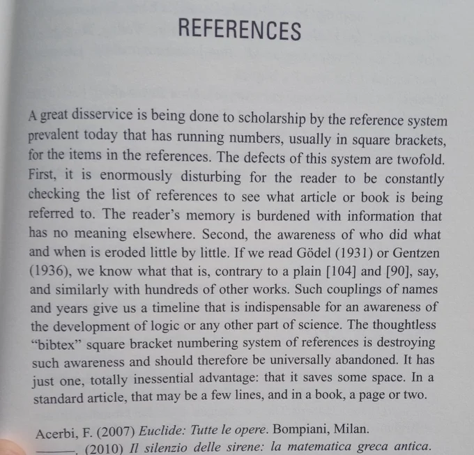 Preface to the reference section which complains about the use of numbers for in text citations as commonly used in computer science and mathematics