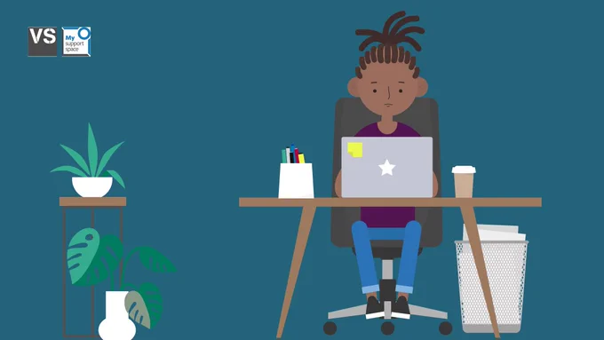 Illustration of a person sat working at their desk on their laptop. There is a plant  on the left, a bin on the right and a pen pot and coffee cup on the desk.