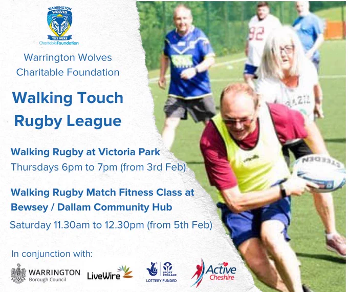 Poster announcing our evening session of Walking Touch RL in conjunction with LiveWire and Warrington Borough Council