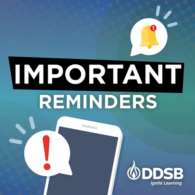 Cartoon mobile phone and cartoon speech bubbles with an exclamation point and bell notification. DDSB important reminders graphic.