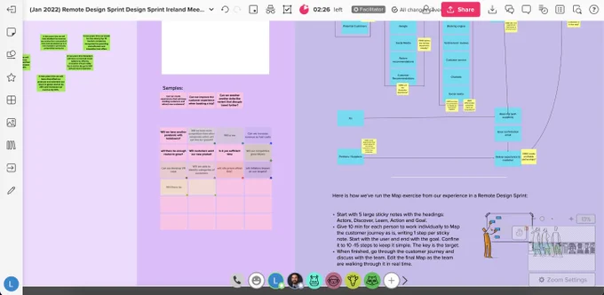 A screenshot of the Mural board. Participants are typing away Sprint Questions for the first hands on exercise of the Meetup.
