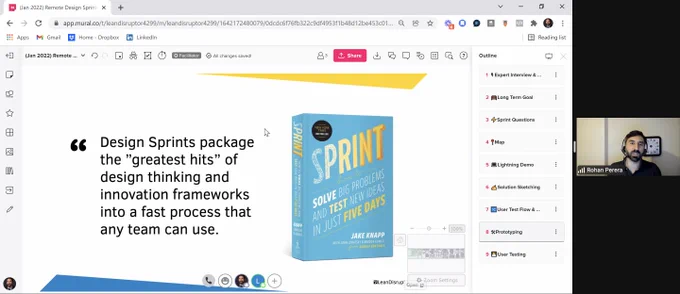 Rohan presenting his screen with the Sprint book by Jake Knapp and a quote that reads "Design Sprints package the 'greatest hits' of design thinking and innovation frameworks into a fast process that any team can use".