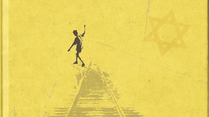 The front cover of Once - an illustration of a child balancing near some train tracks