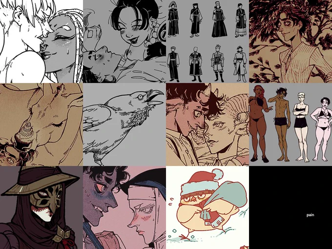 A collage of 12 drawings completed in order from January to December 2021, fulfilling the "2021 Year Summary" artist's prompt. December's entry specifically is a black square with small white text reading "pain."