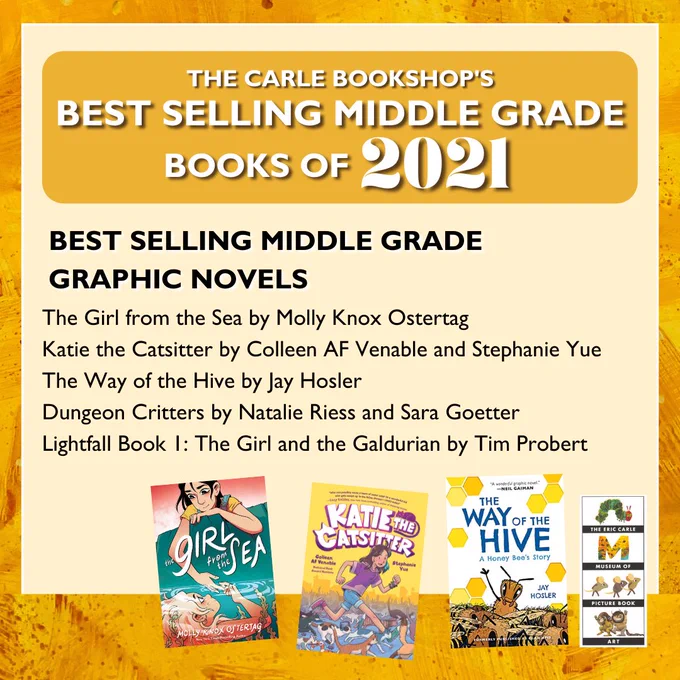 Graphics from The Carle Bookshop sharing the bestselling middle grade novels and graphic novels of 2021.