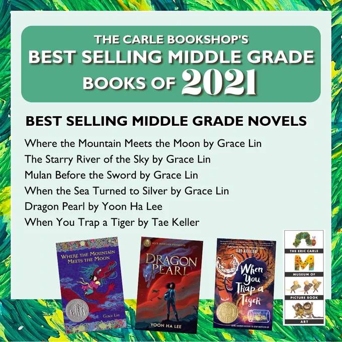 Graphics from The Carle Bookshop sharing the bestselling middle grade novels and graphic novels of 2021.