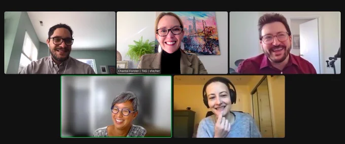 Zoom screenshot of panel with Kwame Porter Robinson, Chantal Forster, Adam Liebling, Ann Mei Chang, and Anouk Ruhaak.