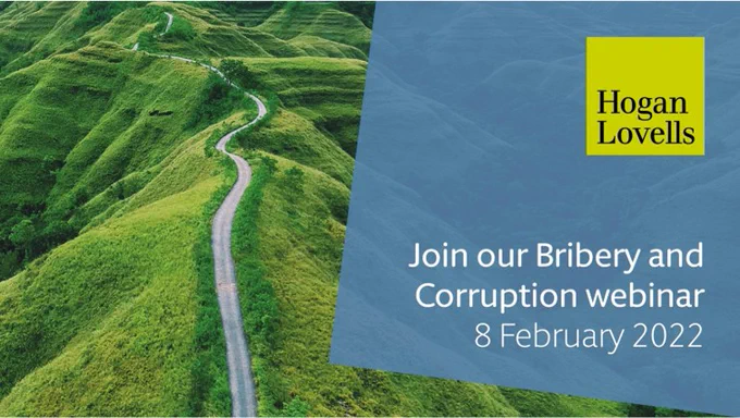A grassy mountain range and narrow road with text: “Join our Bribery and Corruption webinar; 8 February 2022”