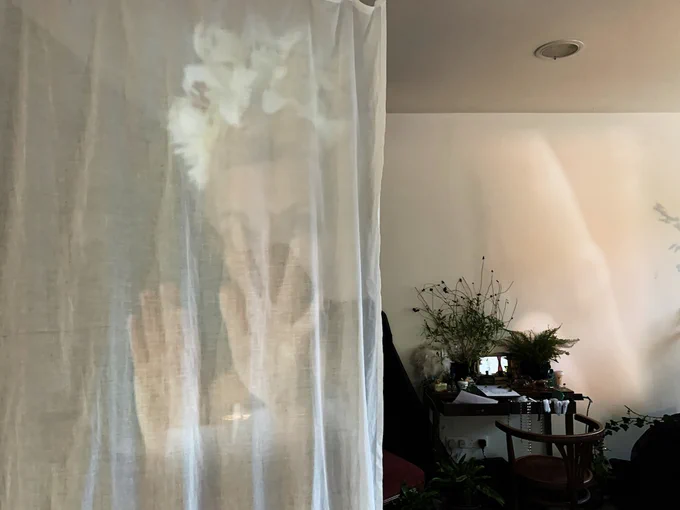 A woman with a white flower crown raises her hands in front of her face and peers through a translucent white cloth