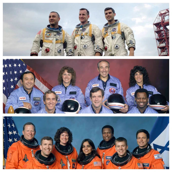 Three photos of space mission crews: three men in Apollo spacesuits, seven astronauts in blue flight jackets, seven astronauts in orange launch suits